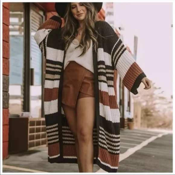 Boho Black White Stripes Knit Open Front Cardigan - Picture 2 of 4